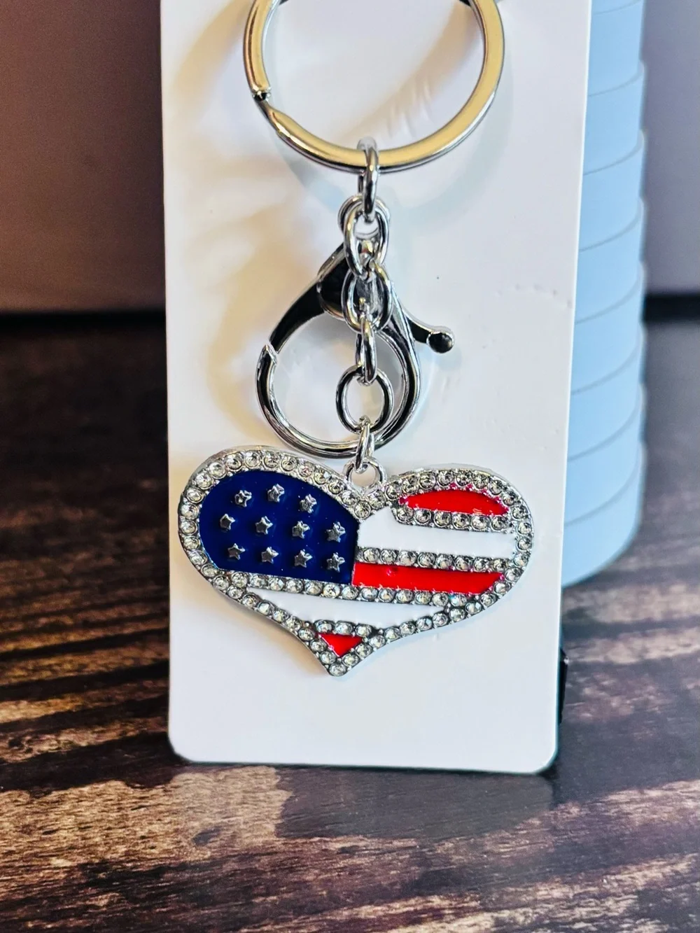Heart-Shaped American Flag Keychain with Crystal Accents‎ - Red & Blue